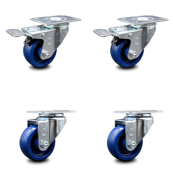 3.5 Inch Solid Polyurethane Wheel Swivel Top Plate Caster Total Lock Brake, 2PK